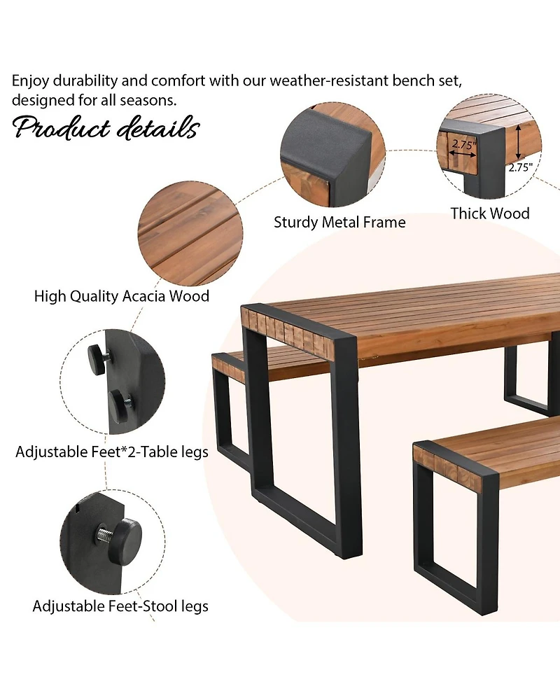 Asagikoiai 3-Piece Outdoor Acacia Wood Dining Set with Benches with Steel Frame
