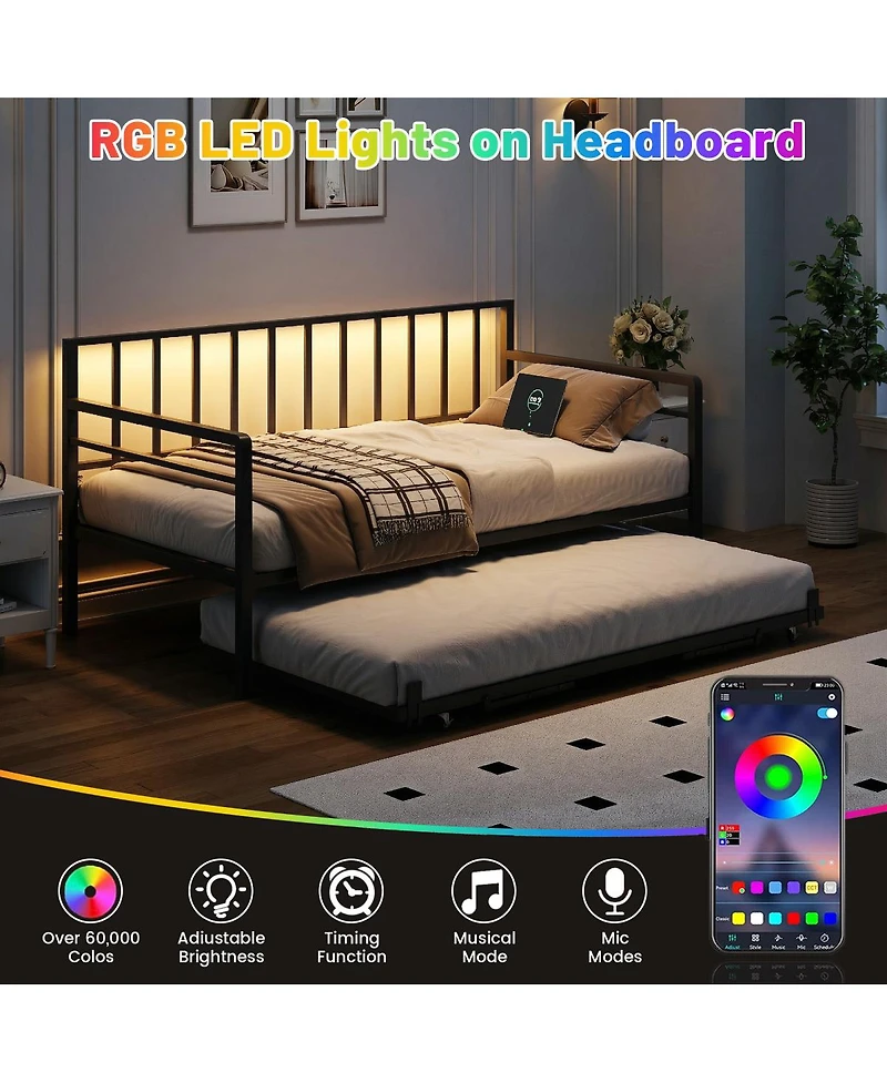 Streamdale Furniture Daybed with Led Lights Charging Station and Trundle