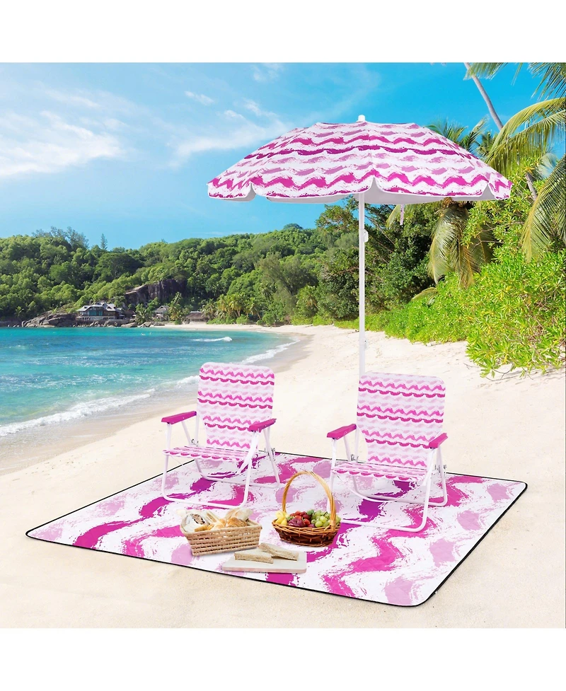 Sugift 4 Pieces Beach Umbrella Set with 2 Foldable Chairs and Picnic Blanket
