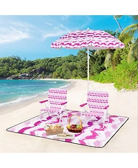 Sugift 4 Pieces Beach Umbrella Set with 2 Foldable Chairs and Picnic Blanket