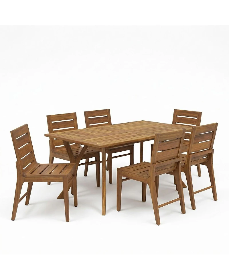 Asagikoiai 7-Piece Acacia Wood Outdoor Dining Set with Curved Legs Table and Slatted Chairs