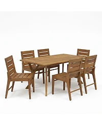 Asagikoiai 7-Piece Acacia Wood Outdoor Dining Set with Curved Legs Table and Slatted Chairs