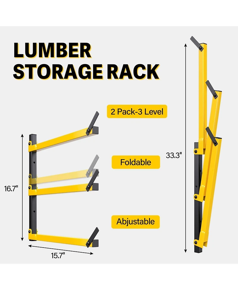 Xdovet Lumber Rack Wall Mounted Metal Folding 3-Level Heavy Duty Garage Organizer Wood Storage Indoor Outdoor 2 Pairs
