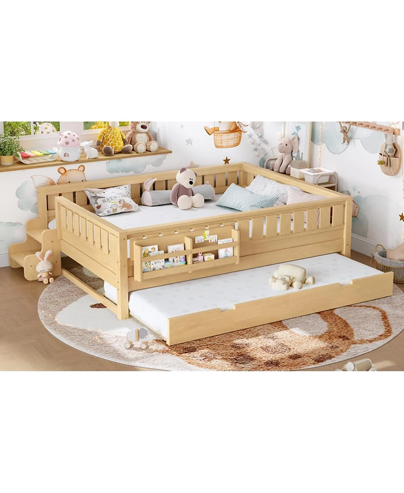 Streamdale Furniture Queen Bed with Bookshelves Staircase Safety Rails and Trundle Light