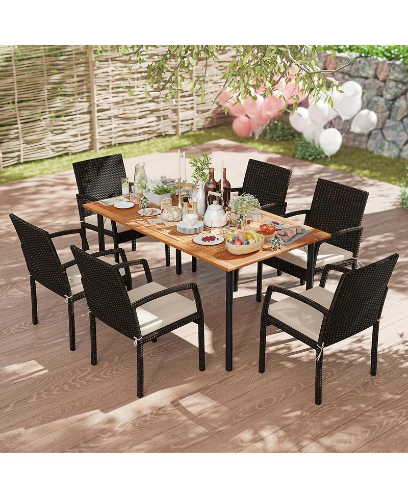 Slickblue Outdoor 7-Piece Dining Set with Acacia Wood Table and Cushions