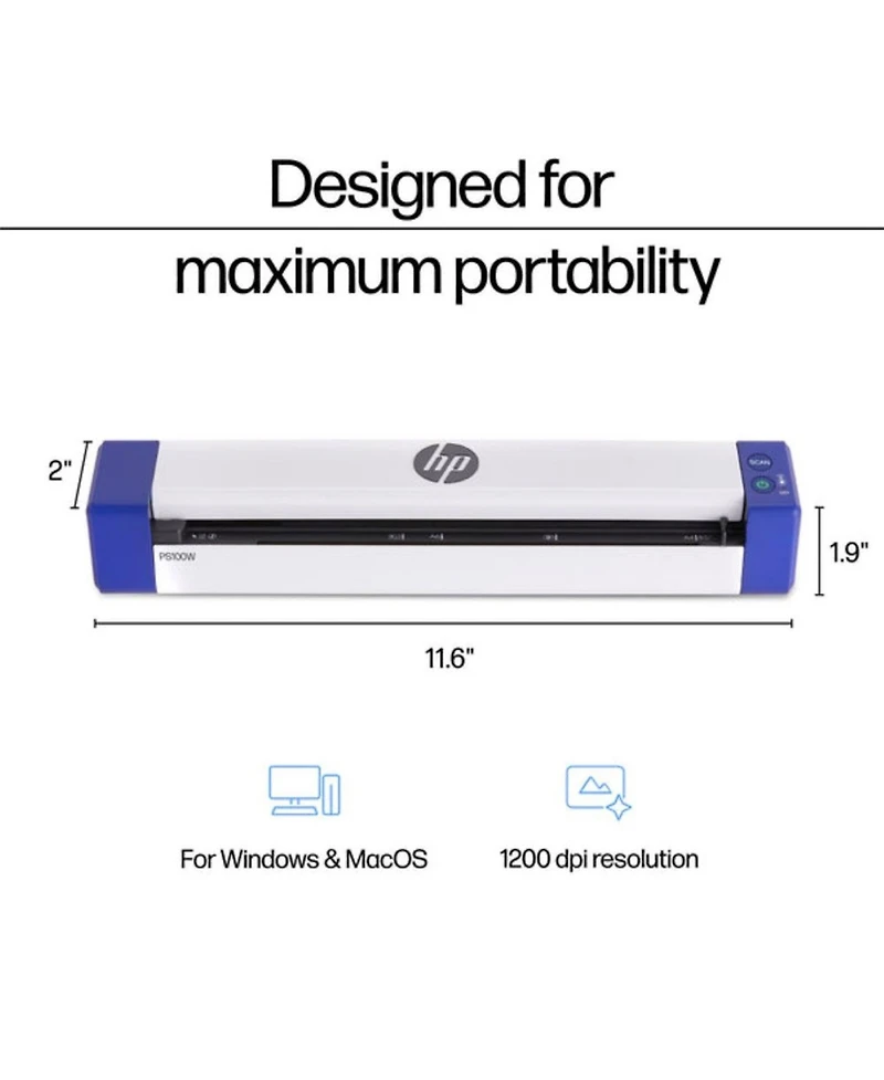 Hp PS100W Portable Wireless Document Scanner Compact Simplex Usb Wi-Fi Rechargeable for Pc