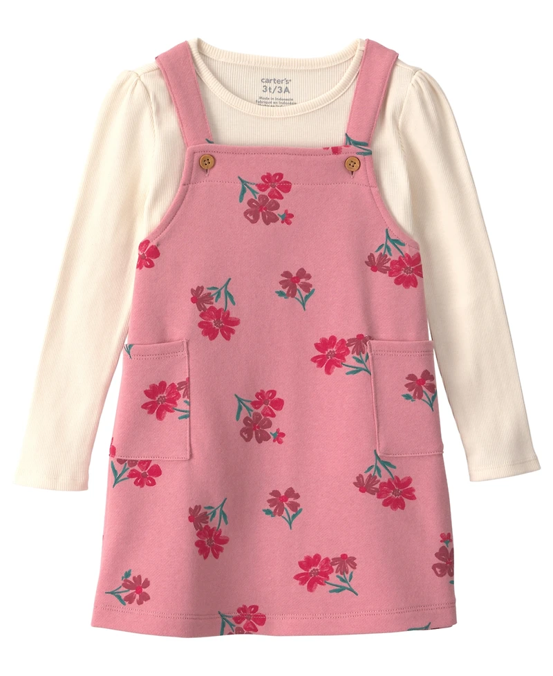 Carter's Toddler Girls' 2T-5T Floral French Terry Long-Sleeve Top and Jumper Dress, 2-Piece Set