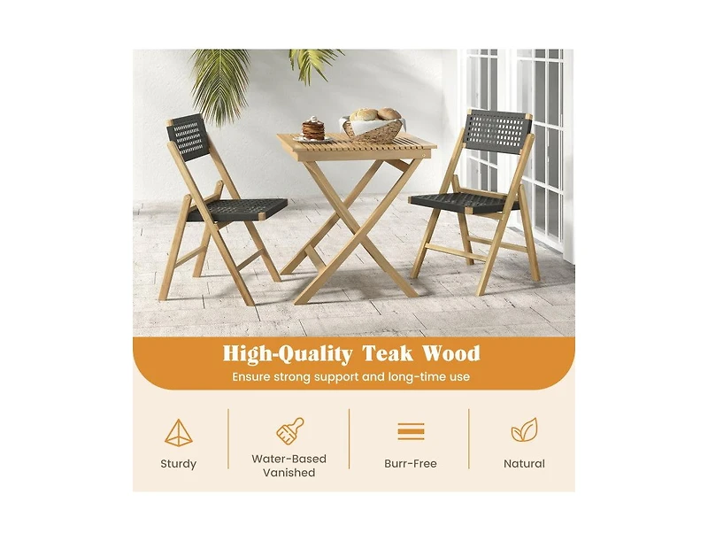 Lucky One Set of 2 Folding Teak Wood Dining Chairs with Woven Rope Seat and Back