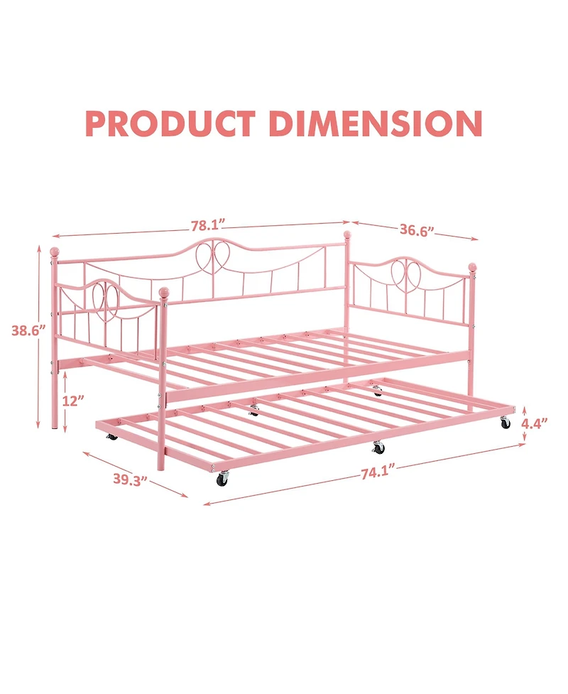 homfan Metal Daybed Frame with Pull-Out Trundle and Steel Slat Support - Versatile Multi-functional Sofa Bed for Guest Room and Modern Living Spaces