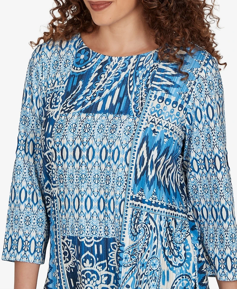 Alfred Dunner Petite Medallion Navy Patchwork Knit Top