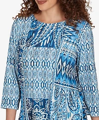 Alfred Dunner Petite Medallion Navy Patchwork Knit Top