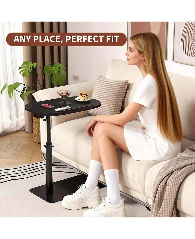 homfan Adjustable C-Shaped End Table - 360degree(s) Rotatable Sofa Armrest Tray, Heavy Metal Base Snack Table for Sofa, Bed or Study