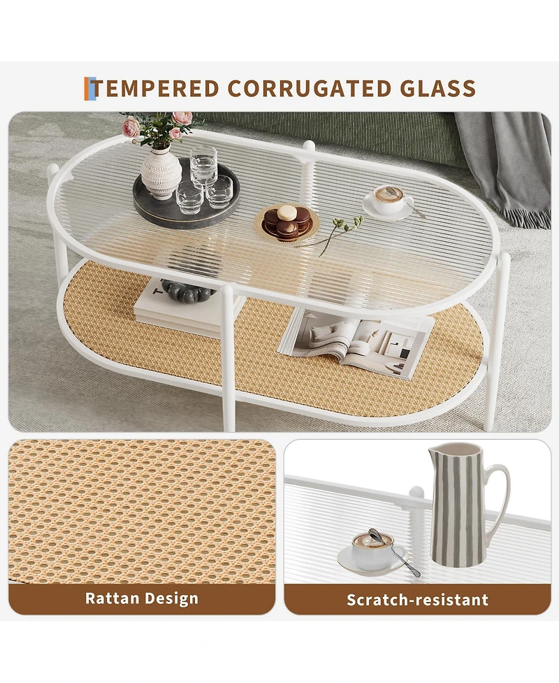 homfan Oval 2-Tier Coffee Table with Water-Wave Glass Top, Rattan Accent and Storage Shelf for Living Room