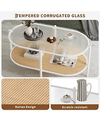 homfan Oval 2-Tier Coffee Table with Water-Wave Glass Top, Rattan Accent and Storage Shelf for Living Room