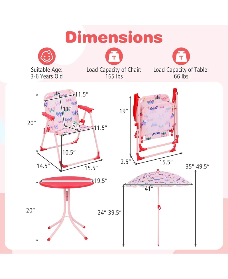 Gymax Kids Picnic Table Outdoor TableandChair Set 2 Folding ChairsandAdjustable Umbrella