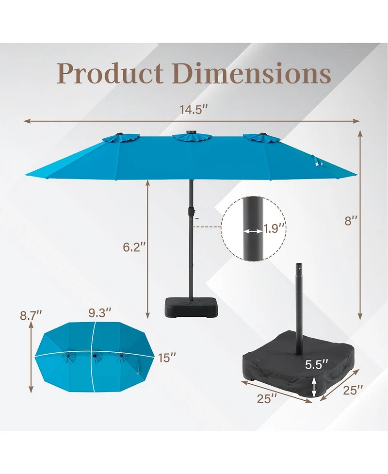 Gymax 15 Ft Double-Sided Patio Umbrella 48 Solar Led Lights Base Included for Pool
