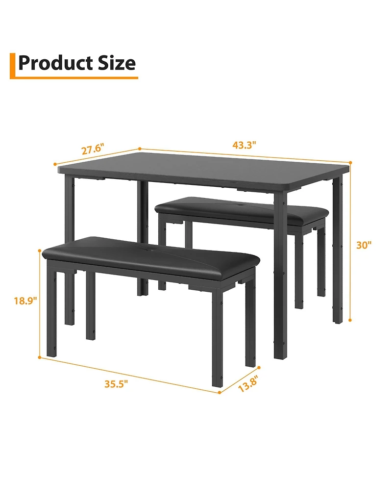 homfan 3 Pieces Dining Room Table Set for 4, Compact Kitchen with 2 Upholstered Benches, Rectangle Modern Chair Small Space