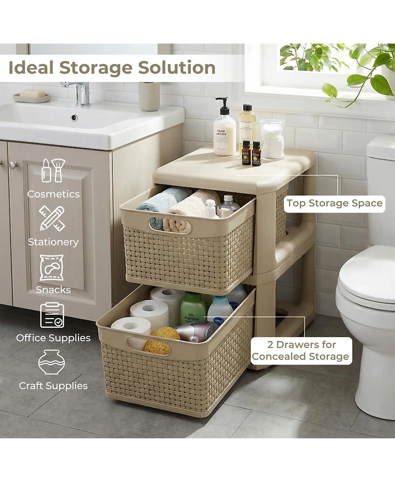 Costway 2-Drawer Storage Cabinet with Wicker Patterns, Handles for Bedroom, Bathroom