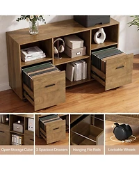 Tribesigns L Shaped Desk with Rolling File Cabinet, 63-Inch Executive Home Office Set, Wood Farmhouse Style, Storage Shelves and Drawers