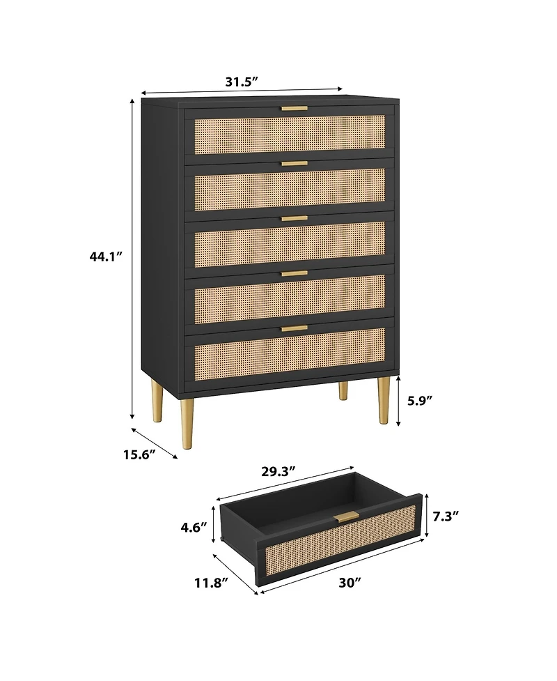 homfan Rattan-Style 5-Drawer Tall Dresser with Gold Legs and Handles, Anti-Tip Storage Tower for Bedroom, Living Room, Hallway