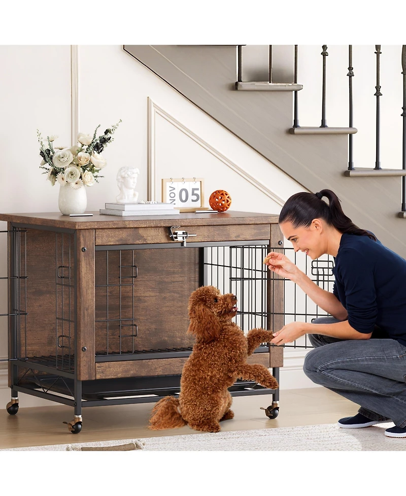 homfan Heavy Duty Wooden Dog House with Double Doors, Top-Opening Metal and Wood Crate, Indoor Kennel with Wheels, Anti-Chew, Ideal for Small Dogs