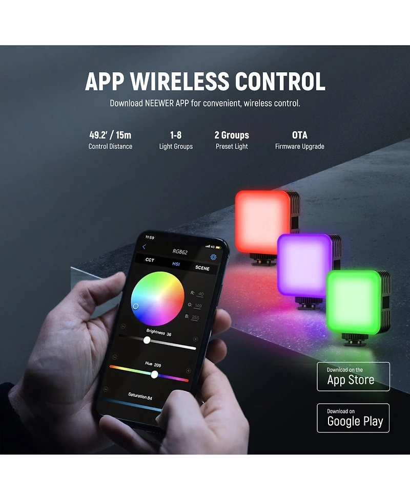 Neewer RGB62 Led Video Light with 2000mAh, 2500K-8500K, CRI97