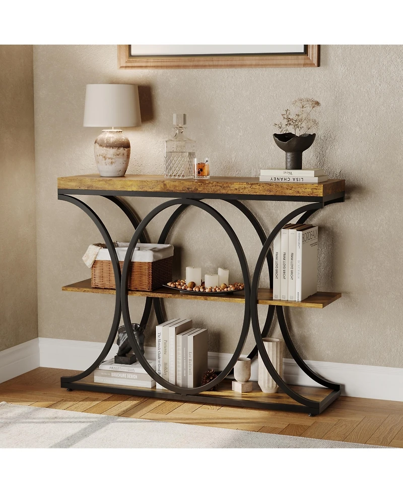 homfan Industrial Modern 3-Tier Narrow Console Table for Entryway, Living Room, or Hallway, Open Storage Shelves, Diamond Metal Frame
