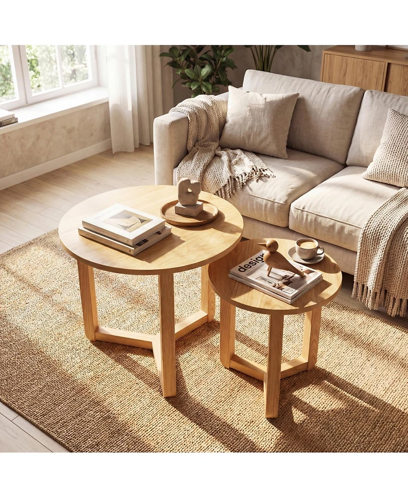 Slickblue Round Wood Nesting Coffee Tables Set of 2 with Thick Top Surface Design