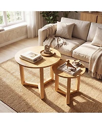 Slickblue Round Wood Nesting Coffee Tables Set of 2 with Thick Top Surface Design