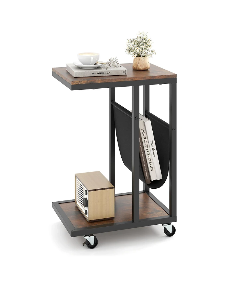 Slickblue Metal Frame C-Shaped Side Table with Canvas Pocket for Living Room