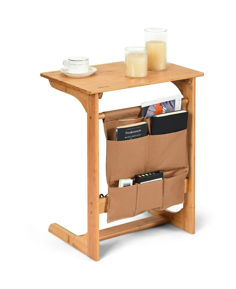Gymax Bamboo Sofa Table Laptop Desk Coffee Snack End Table Bedside Table with Storage Bag
