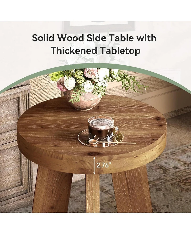 Tribesigns Solid Wood End Table, Farmhouse Round Side Table for Couch, Rustic Side Table with Heavy-Duty Legs, Small Bedside Table