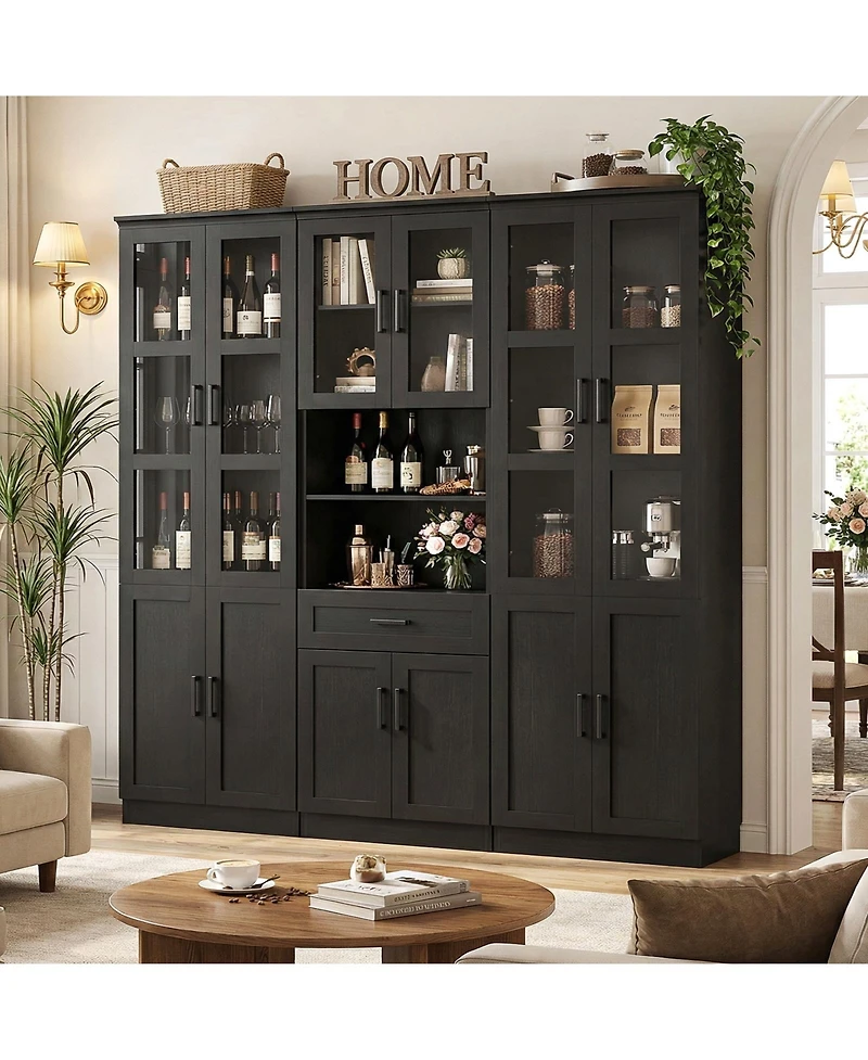 Aheaplus Set of 3 Kicthen Storage Pantry Cabinet with Glass Door and Drawer
