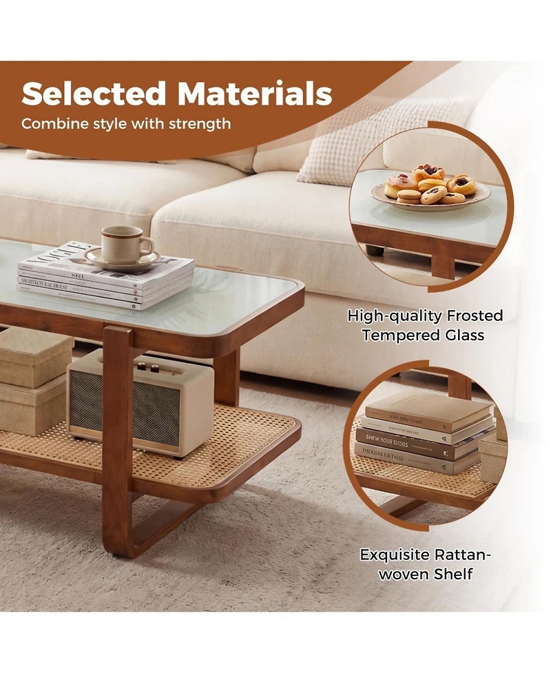 Slickblue Living Room Rattan Coffee Table with Glass Top and Lower Storage Shelf
