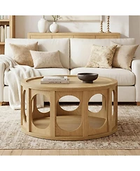 Tribesigns 31.5" Modern Round Coffee Table with Open Storage Shelf, Wood Grain Center Table
