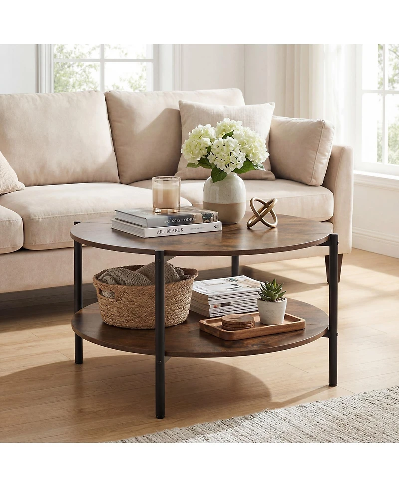 Gymax Round Coffee Table with Open Storage Shelf Circle Cocktail Table for Living Rooms