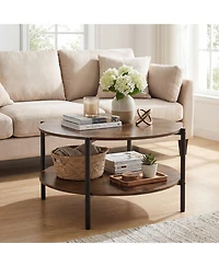 Gymax Round Coffee Table with Open Storage Shelf Circle Cocktail Table for Living Rooms