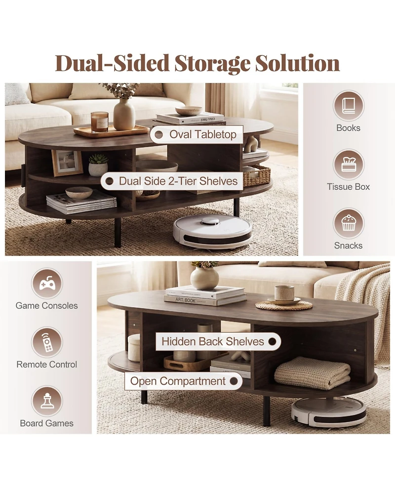 Slickblue Modern Wooden Oval Coffee Table with Storage Space for Living Area-Walnut