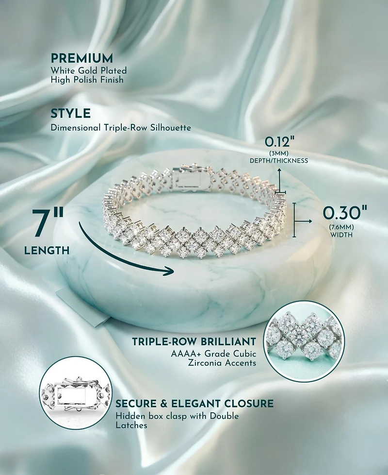 Rachel Glauber White Gold Plated with Clear Cubic Zirconia Three Row Bracelet