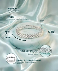 Rachel Glauber White Gold Plated with Clear Cubic Zirconia Three Row Bracelet