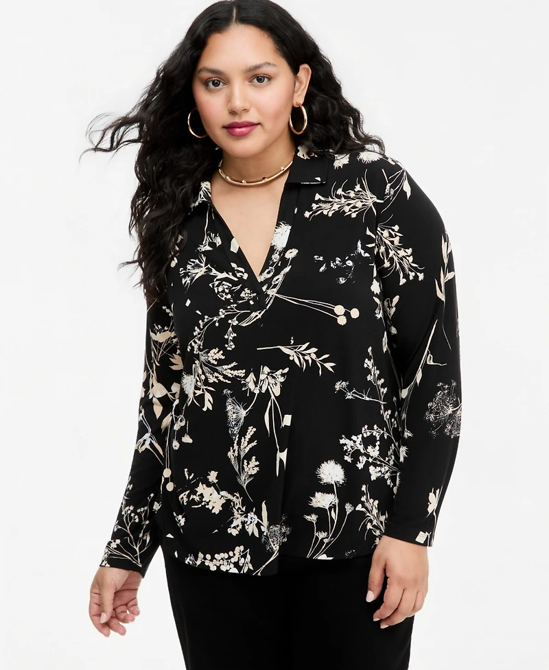 I.n.c. International Concepts Plus Floral-Print Johnny Collar Knit Blouse, Macy's Exclusive