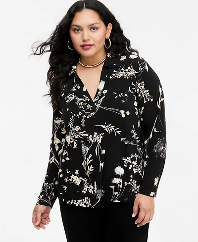 I.n.c. International Concepts Plus Floral-Print Johnny Collar Knit Blouse, Macy's Exclusive