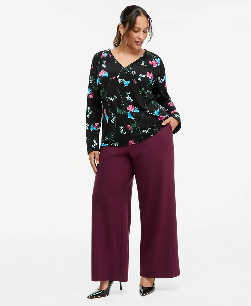 I.n.c. International Concepts Plus Long-Sleeve V-Neck Pleated-Shoulder Blouse, Macy's Exclusive