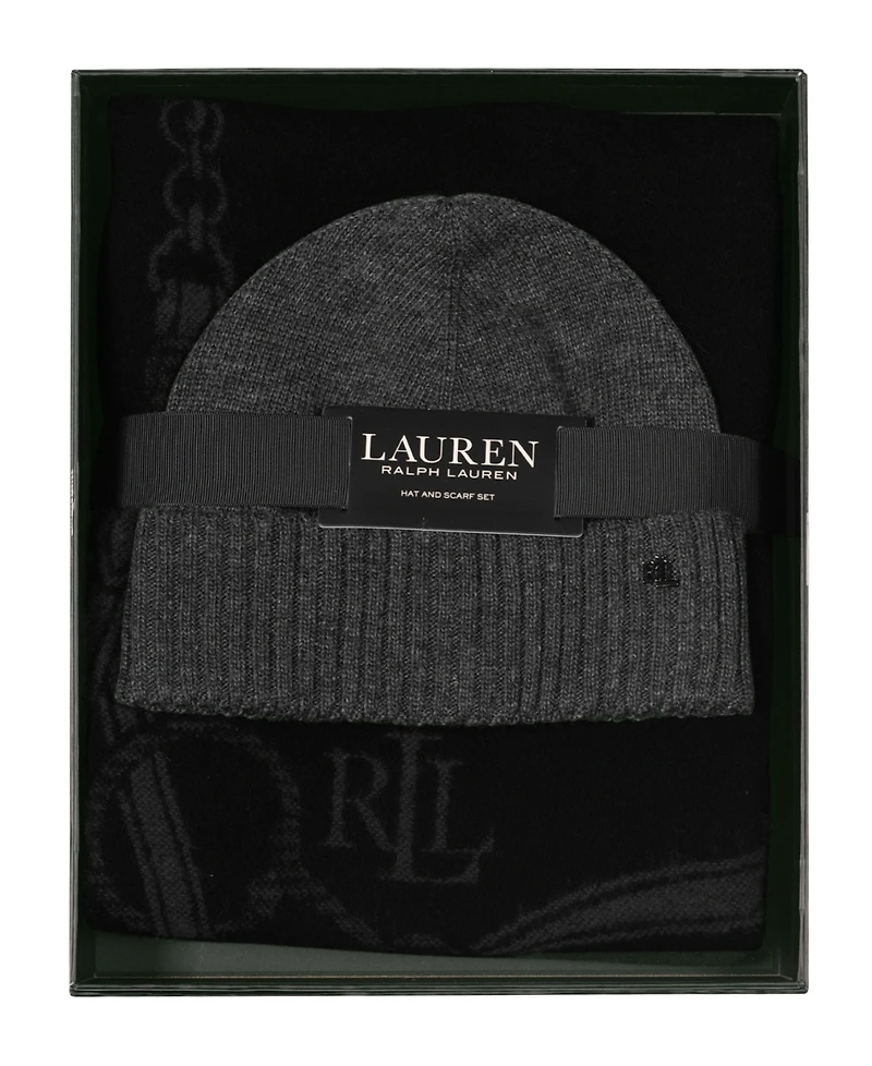 Lauren Ralph Equestrian Woven Scarf and Knit Beanie Set