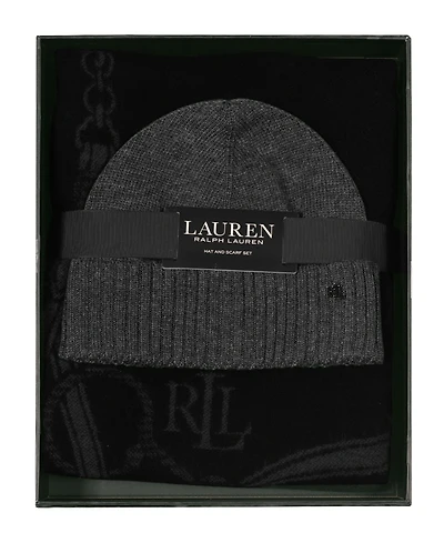 Lauren Ralph Equestrian Woven Scarf and Knit Beanie Set