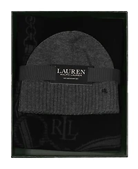 Lauren Ralph Equestrian Woven Scarf and Knit Beanie Set