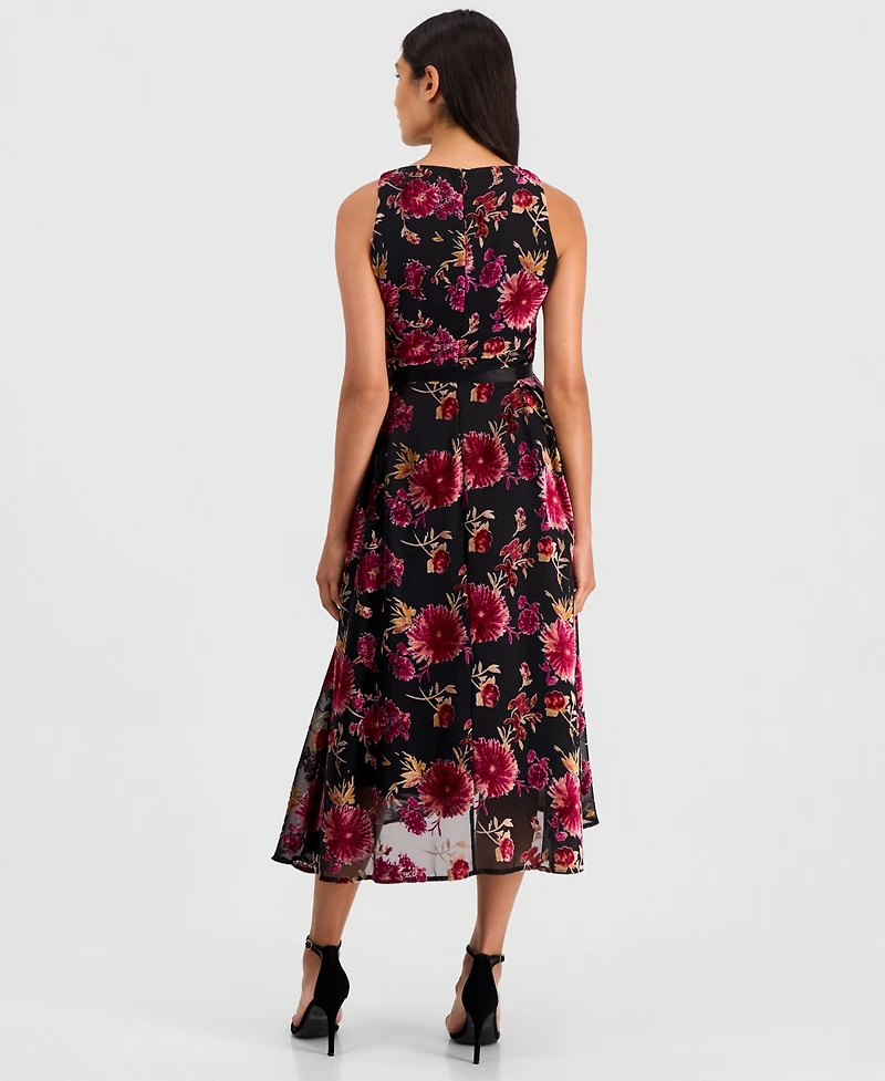 Tahari Asl Women's Burnout Sleeveless Tie-Waist High-Low-Hem Dress