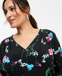 I.n.c. International Concepts Plus Long-Sleeve V-Neck Pleated-Shoulder Blouse, Macy's Exclusive