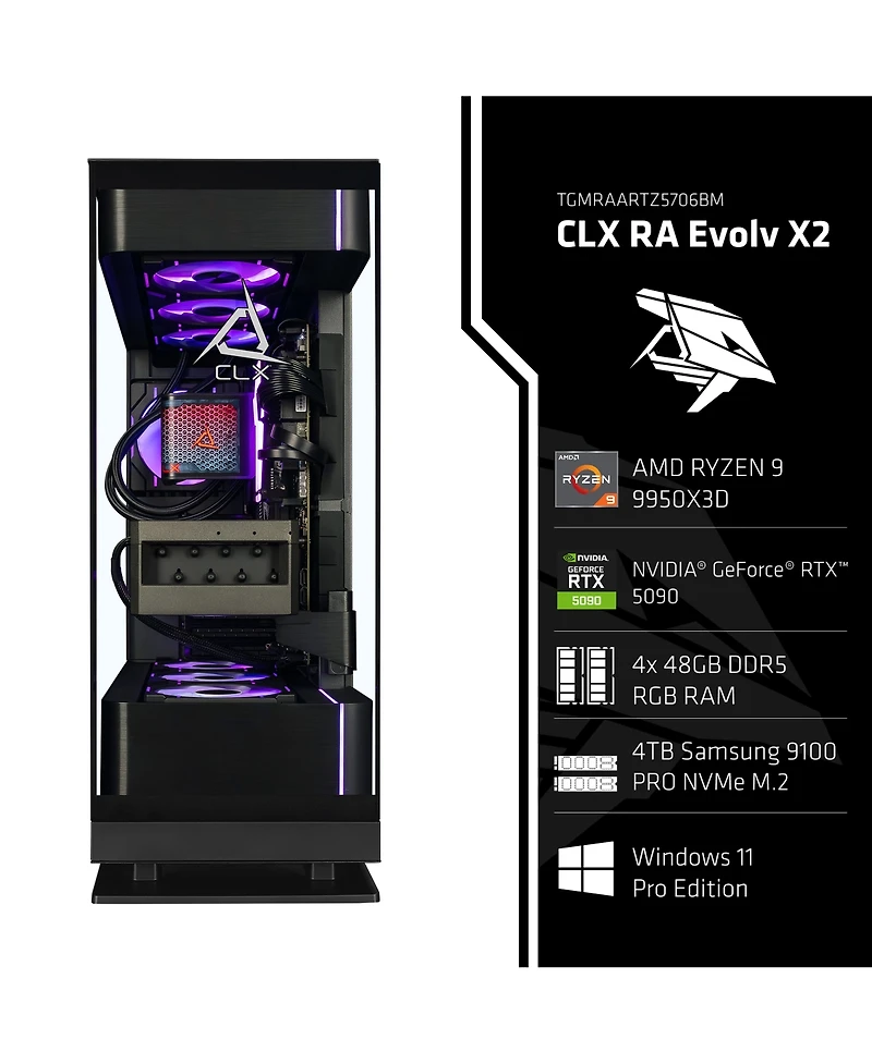Clx Ra Gaming Pc Liquid Cooled Amd Ryzen 9 9950X3D 4.3GHz 16-Core, 96GB DDR5, GeForce Rtx 5090 32GB Graphics, 4TB Ssd, WiFi, Windows 11 Pro