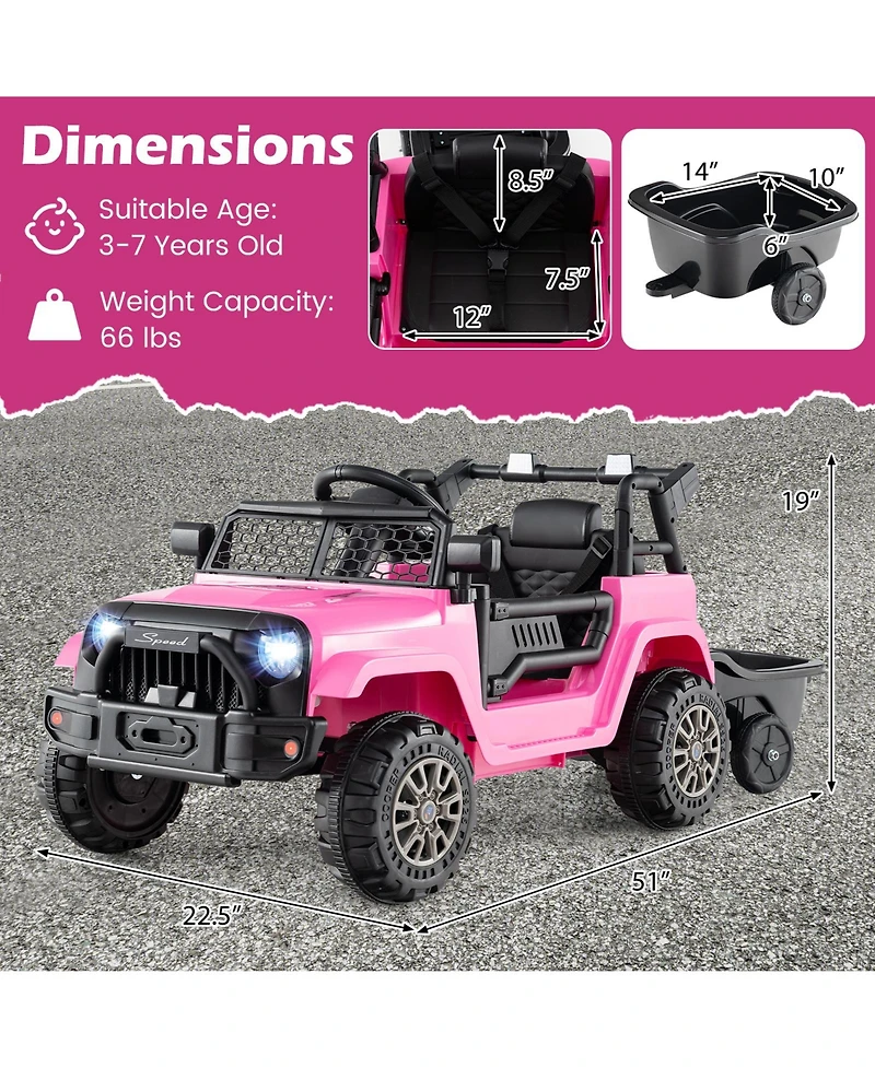 Gymax Kids Ride On Utv Car with Detachable TrailerParent Remote Control Light and Music